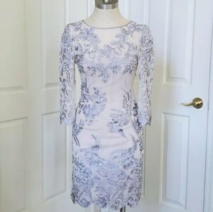KAREN MILLEN Gray Floral Embroidered Lace Sheath Dress Sheer Sleeves SIZE 4